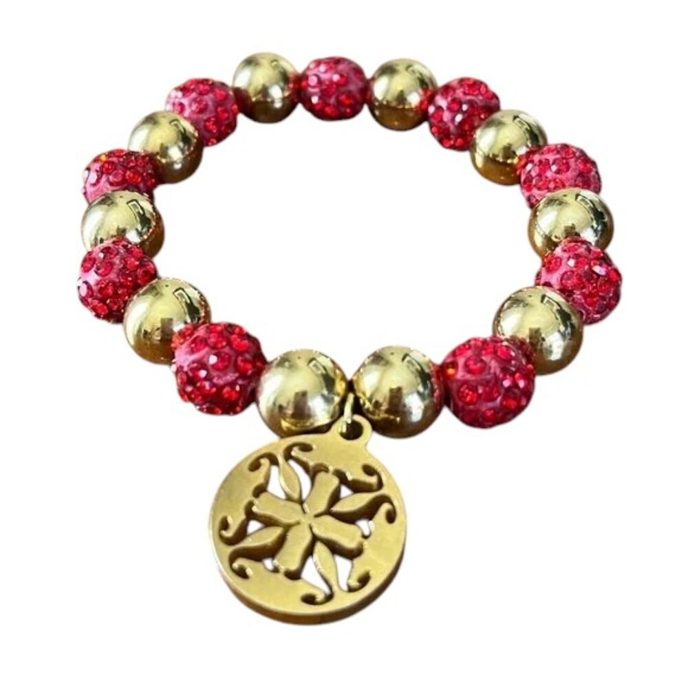 Rustic Cuff Red Pave Shambala and Gold Stainless Beads Stretch Bracelet